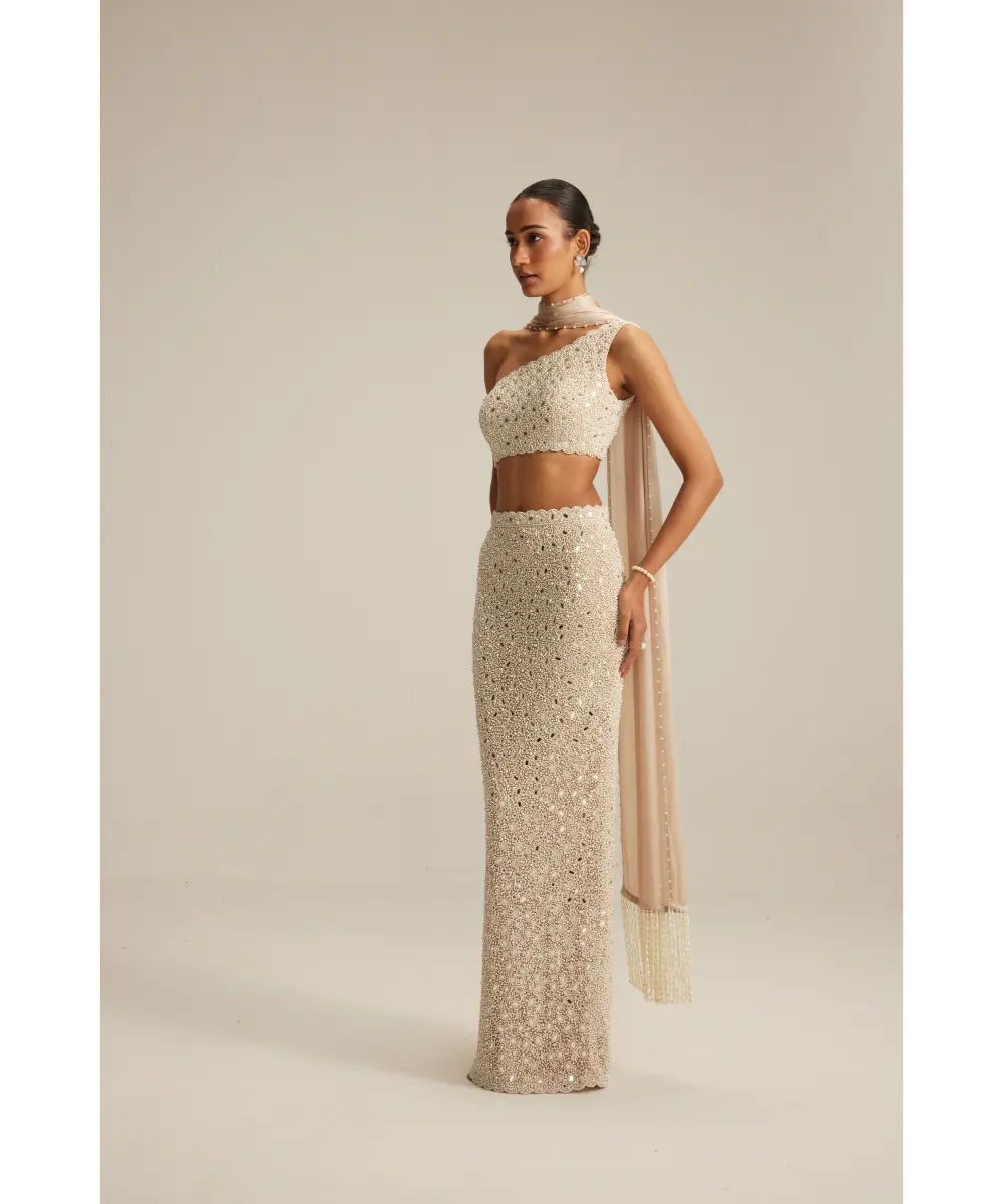 VVANI VATS- Light Beige One Shoulder Pencil Skirt With Stole Set